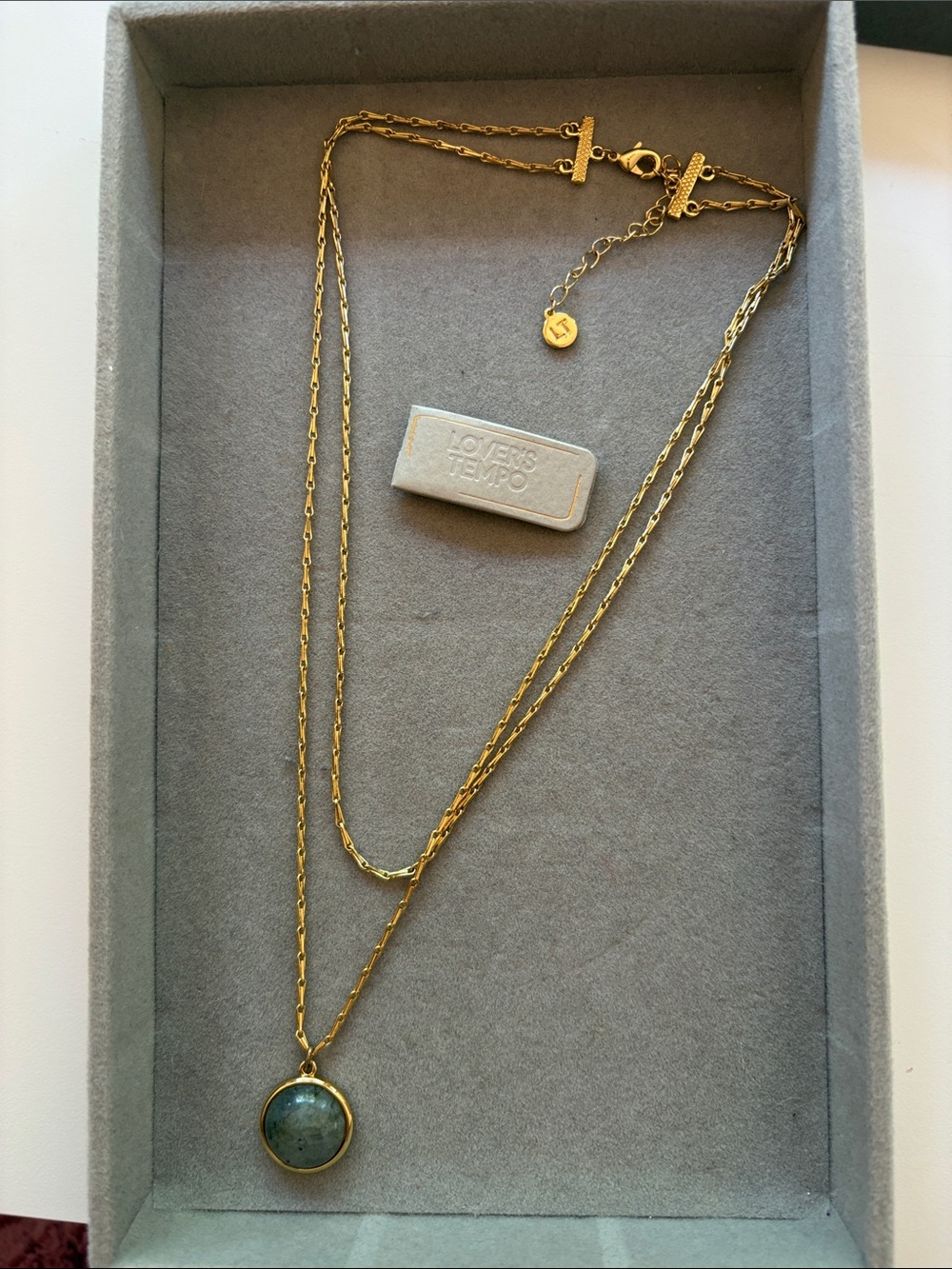 Gold-Tone Layered Necklace with Green Stone Pendant